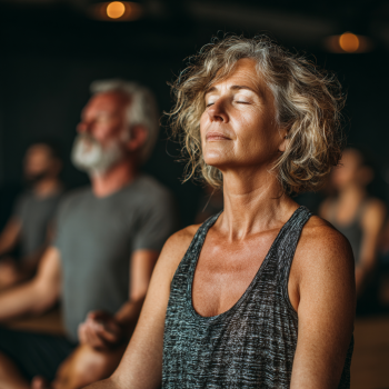 Літня жінка займається йогою