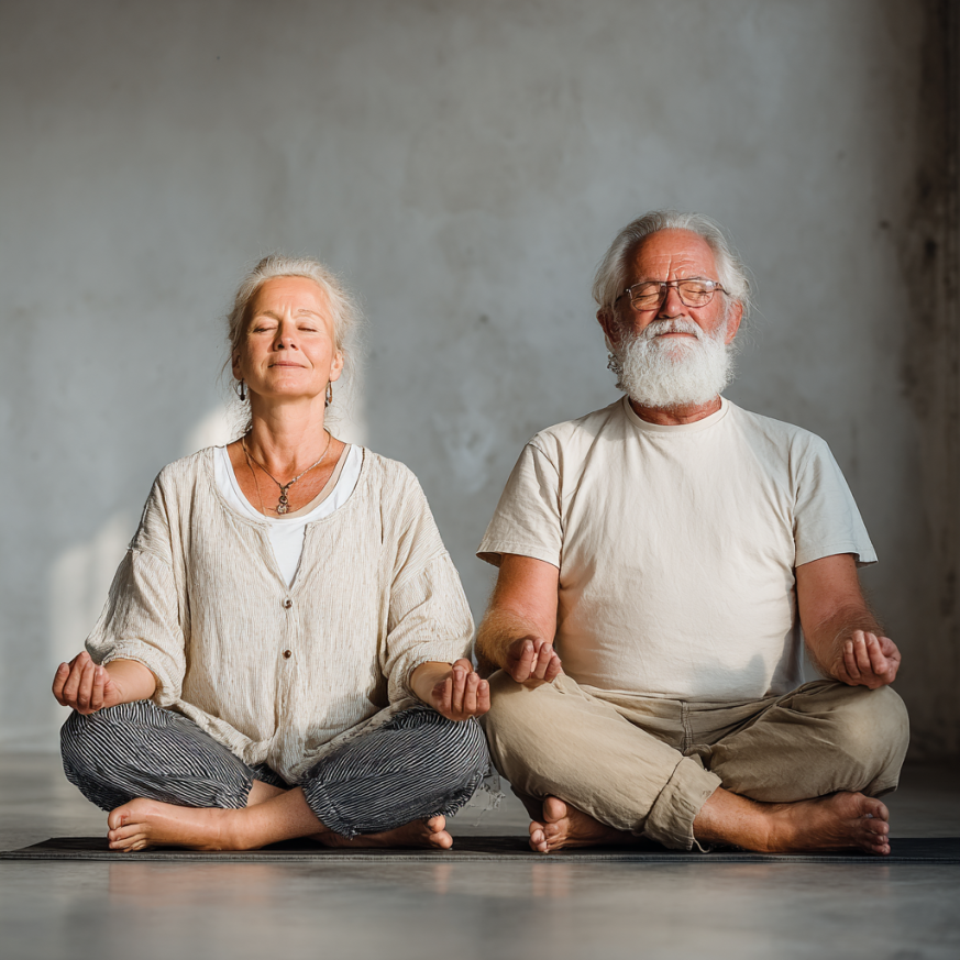 Група літніх людей займається йогою